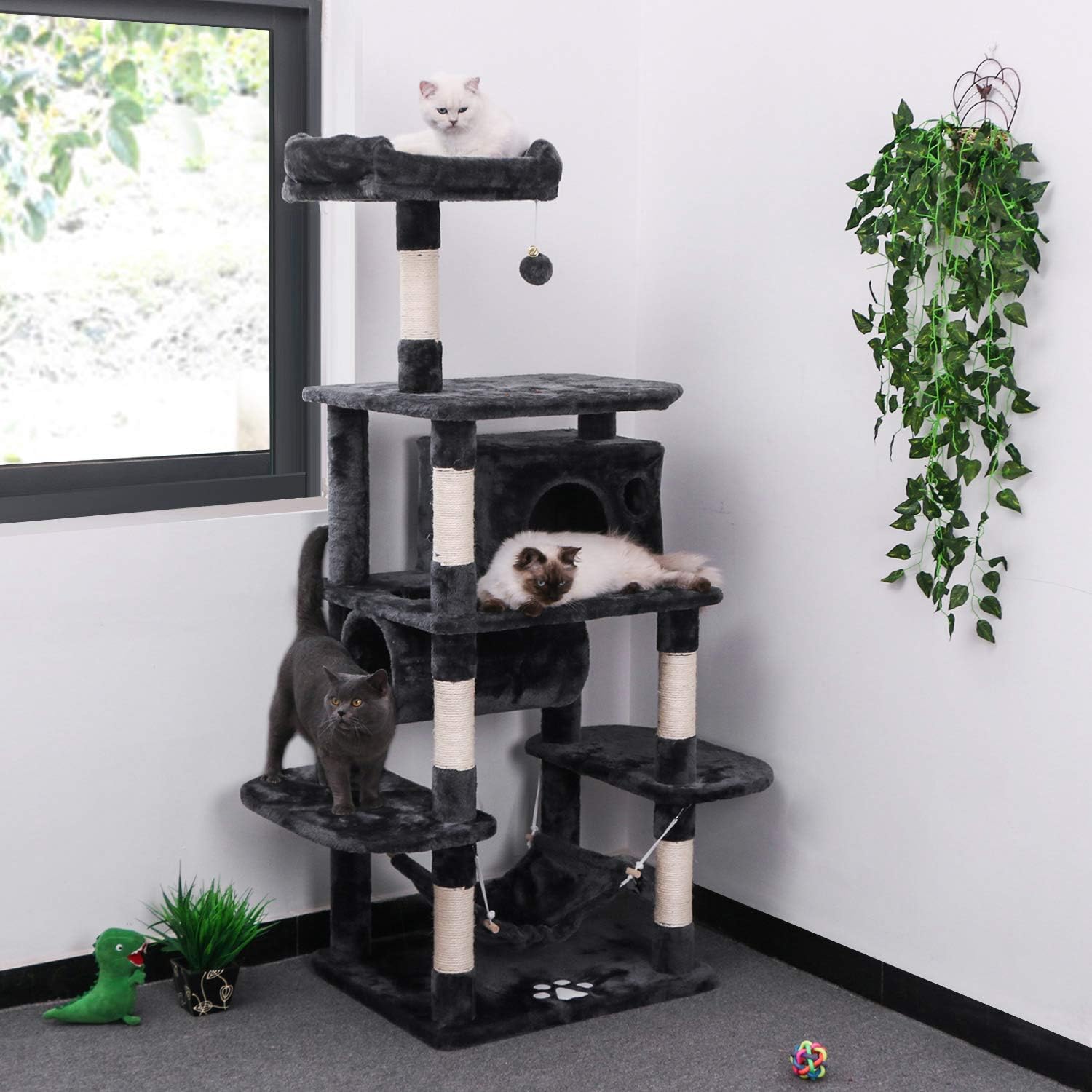 Deluxe Cat Tree Condo with Hammock, Tunnel, and Scratching Posts - Perfect Playground for Your Feline Friends in Smoky Grey