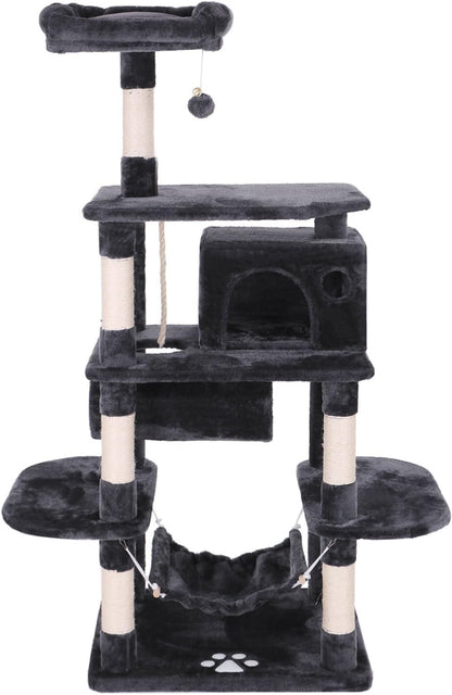 Deluxe Cat Tree Condo with Hammock, Tunnel, and Scratching Posts - Perfect Playground for Your Feline Friends in Smoky Grey